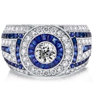 Italo Antique Blue Sapphire Milgrain Vintage Engagement Ring Halo Engagement Rin